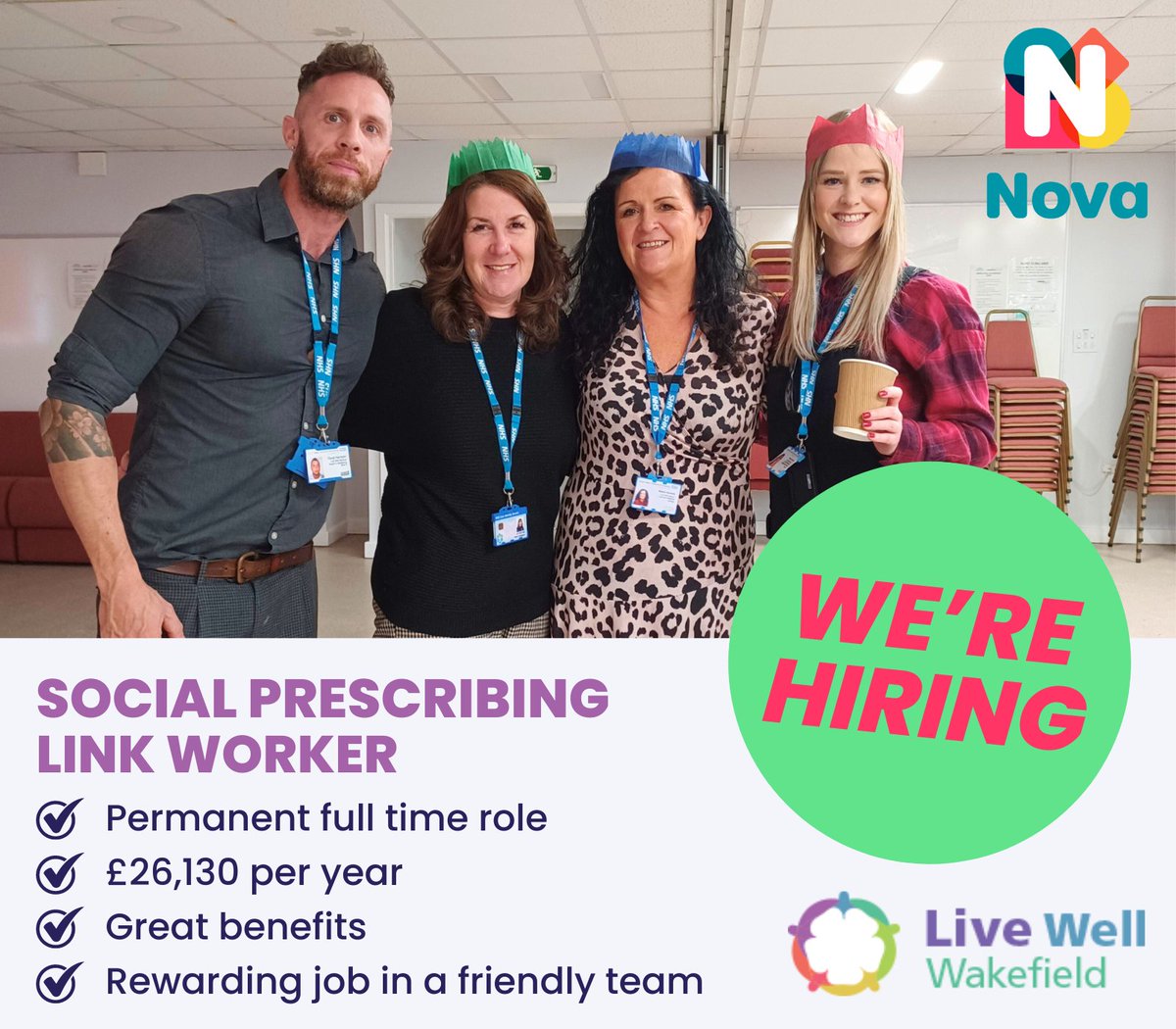 We're #hiring! Grab a party hat and get stuck in 🪩

The amazing <a href="/LiveWellWakey/">Live Well Wakefield</a> team are looking for someone who's passionate about helping local people improve their health and wellbeing. Please share ♻️

Closing: Sunday 7 April
Find out more: nova-wd.org.uk/jobs/social-pr…
