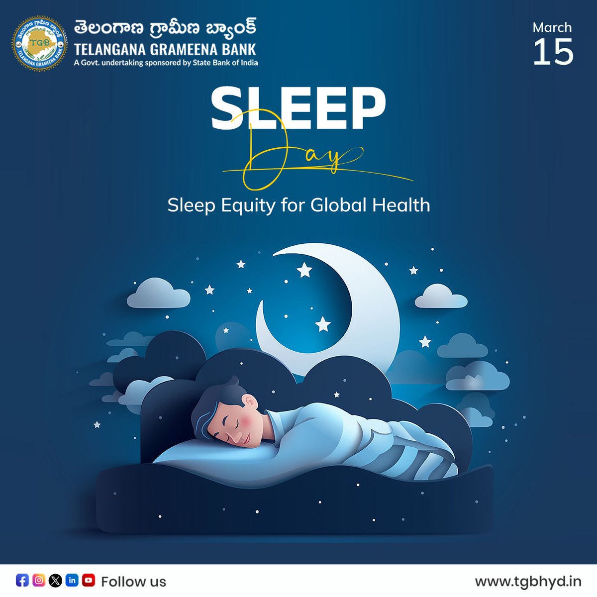 OfficialTGBHYD's tweet photo. World Sleep Day. Sleep is the best medicine we have inbuilt.
#sleep #Sleepforhealth #TGBTalks #TGBCares #SBI #stresslesssleep https://t.co/6JkCUNy8nC
