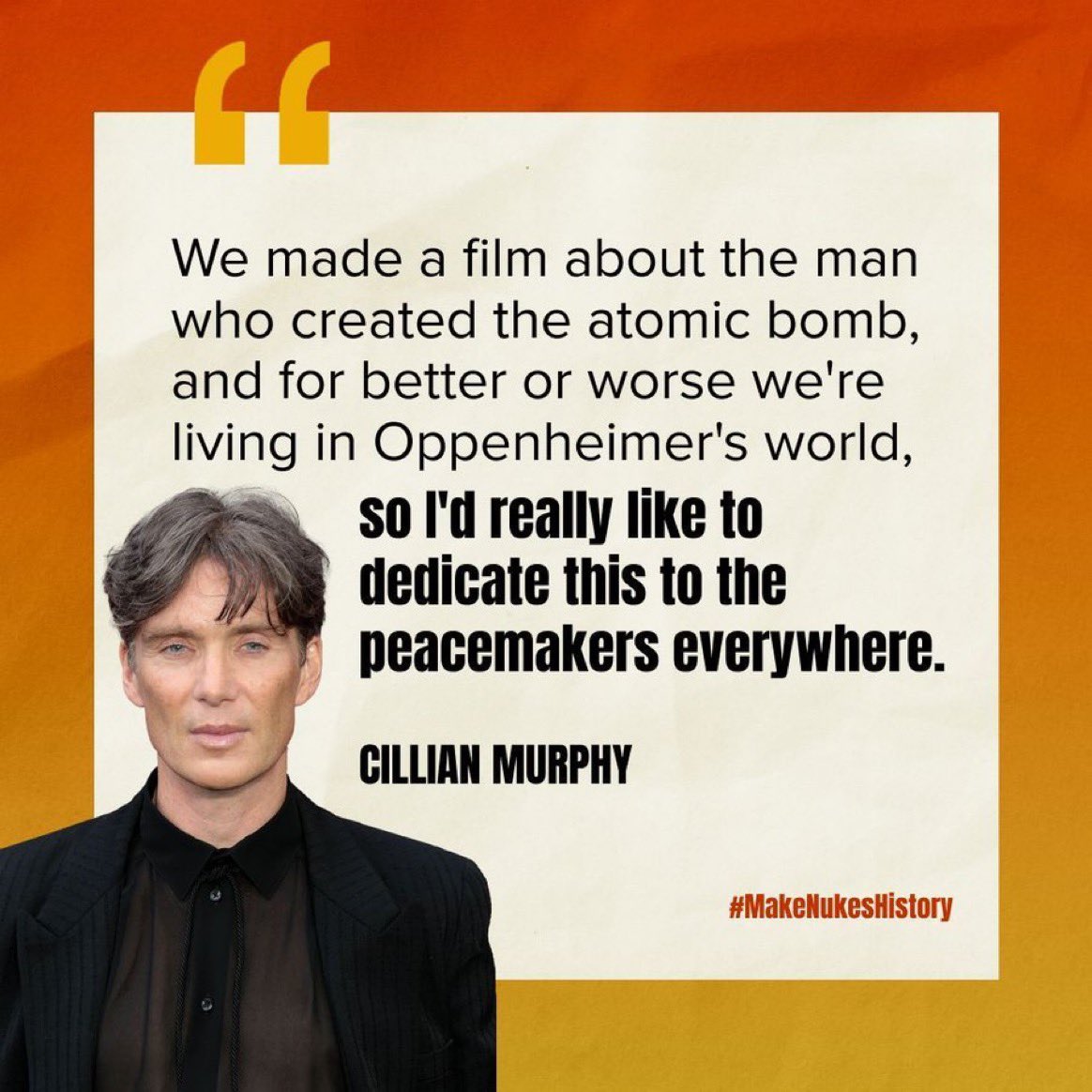 Thank you Cillian Murphy for acknowledging the work of peacemakers advocating for a world free from the threat of nuclear weapons. And shoutout to <a href="/NTI_WMD/">NTI</a> for their #MakeNukesHistory campaign during #Oscars2024 . 👏👏👏

#NuclearBan
