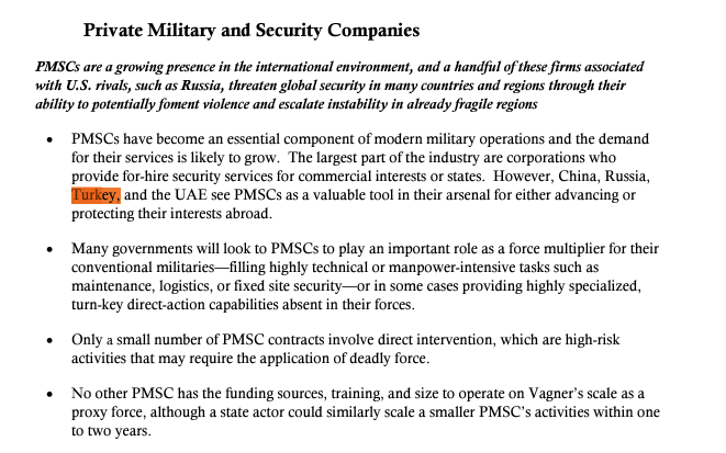 TurkishCentury's tweet photo. A US intel threat report lists Türkiye among the countries that use private military companies (#PMSC) along with Russia, China & UAE. USA itself uses PMSCs very extensively, including infamous ones like #Blackwater aka #Academi / #Constellis. Report: https://t.co/Psq5laqHkS 🇹🇷🇺🇸 https://t.co/KoBLqM2d4e