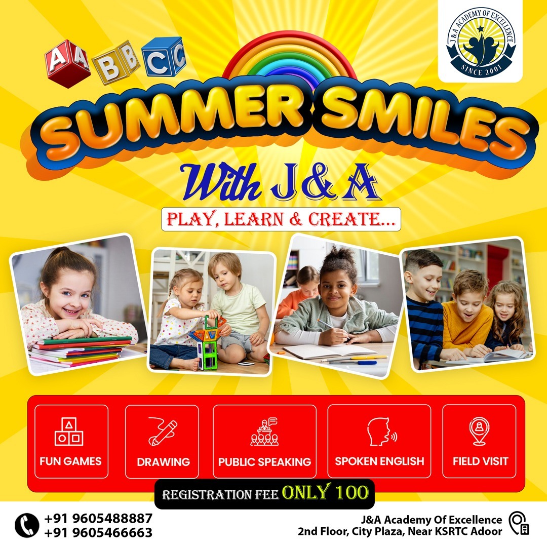 CochinJa's tweet image. Summer Smiles with J & A
(A Cool Summer Camp)
• Behaviour Therapy
• Skill Development
• Spoken English Classes
• Spelling Practice Classes
• Public Speaking
• Fun Games
• Field Visit
#SpokenEnglishClass #spokenenglish #spokenenglishclasses #spokenenglishtips