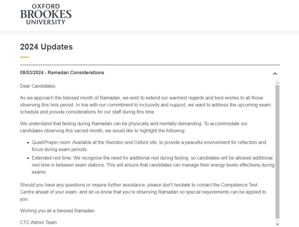 If you are observing Ramadan please see our updates page for information on how we can support you during this holy period brookes.ac.uk/study/courses/…  #OxfordBrookes #Ramadan #NMC #OSCE #IEN #IEM #ReturnToPractice #NursingAssociate