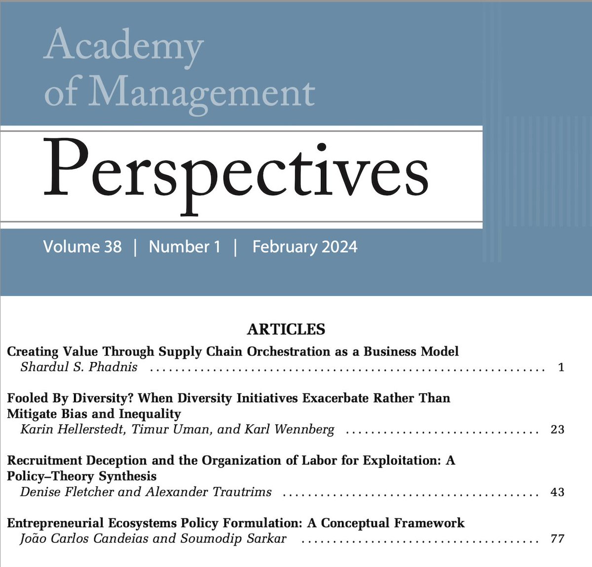 Read the latest issue of Academy of Management Perspectives (Vol 38, No 1, Feb 2024) with four new articles. Explore cutting-edge insights from #AOMScholars through #AOMResearch! bit.ly/3IAyEfz