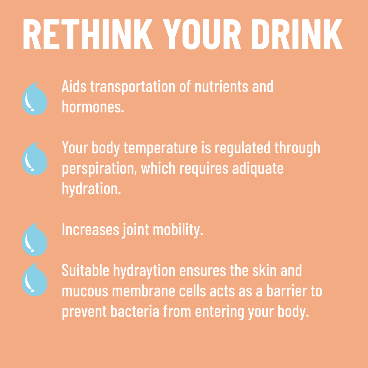 Thirsty Thursday!
A typical adult loses approximately 2.6L of water a day, so it's time to re-think your drink and aim to drink between 6-8 cups of water each day!

#hydration #nutritionandhydrationweeek #NHWeek #rethinkyourdrink #water #thirstythursday #healthfacts