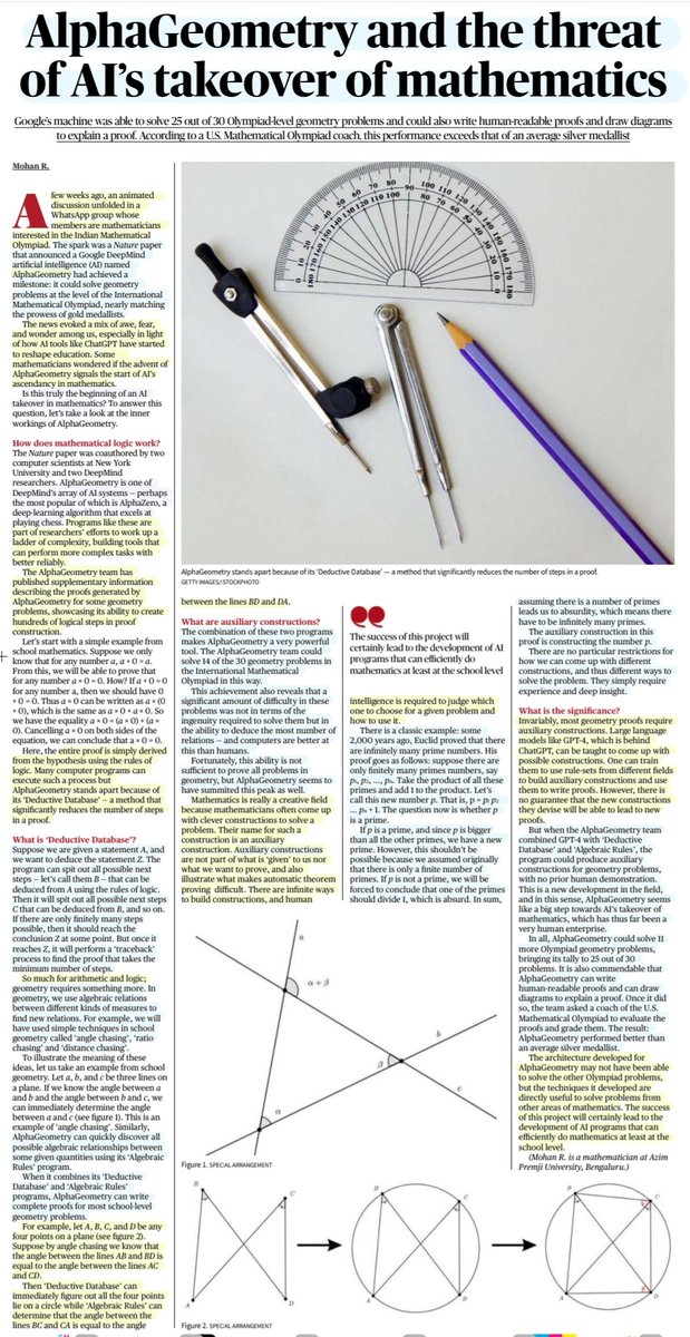 imRavikantYadav's tweet image. &quot;AlphaGeometry &amp;amp; the threat of AI&apos;s takeover of Mathematics&quot;

:An Insightful article by Sh Mohan R.

#AlphaGeometry #GenAI 
#Google
#ArtificialIntelligence 
#Mathematics #geometry
#DeductiveDatabase #AlgebraicRules
#Arithmetic #logic 
#AuxiliaryConstruction
#technology 

#UPSC