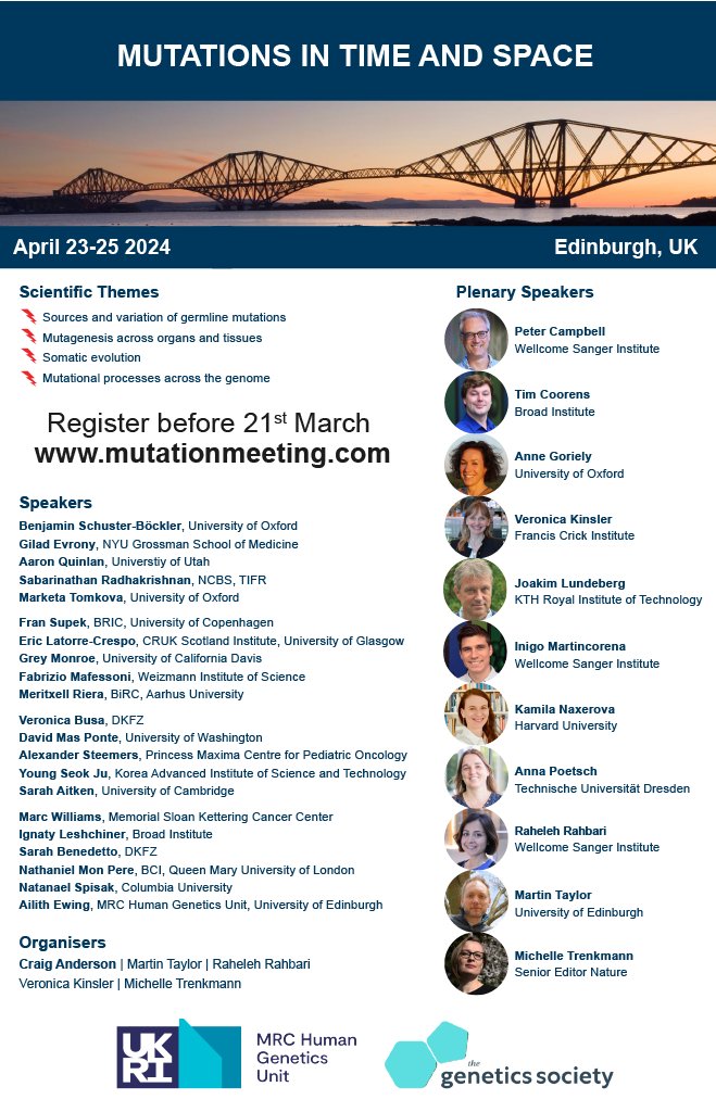 There's still a week left to register for the Mutations in Time and Space conference. Join us 23-25 April in beautiful Edinburgh, UK. mutationmeeting.com We've a stellar lineup of speakers and even a traditional Scottish cèilidh after the gala dinner!