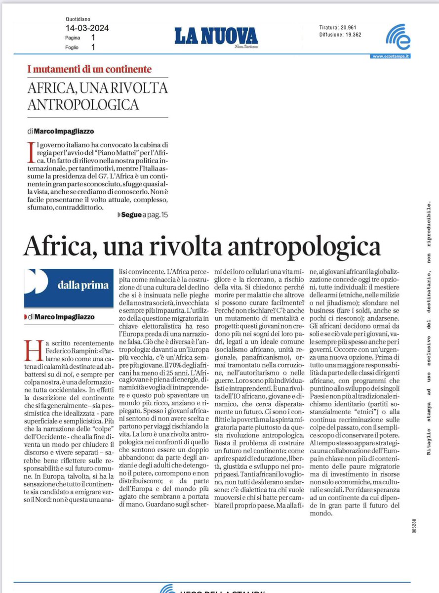 L’Italia si prepara al piano #Mattei per l’#Africa, un continente ancora tanto da scoprire e capire. Ne scrivo su @lanuovasardegna