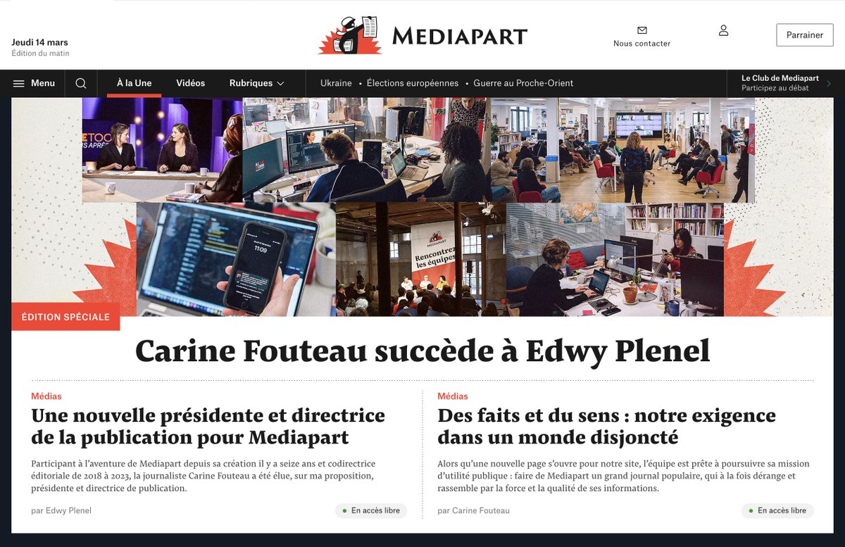 Carine Fouteau succède à Edwy Plenel 👉‍ Une nouvelle présidente et directrice de la publication pour Mediapart, par @edwyplenel : mediapart.fr/journal/france… 👉‍ Des faits et du sens : notre exigence dans un monde disjoncté, par @CarineFouteau : mediapart.fr/journal/france…