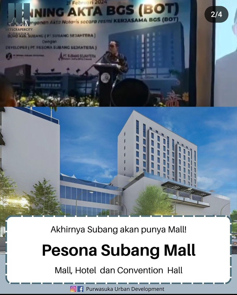 Twit_Subang's tweet photo. #infoSubang PT Subang Sejahtera BUMD Subang, bersama PT Pesona Subang Sejahtera resmi menandatangani, akta kerja sama bangun guna serah (BGS) pembangunan Pesona Subang Mall di Podium Function Space Lippo Plaza Ekalokasari, Bogor Timur.
Source : https://t.co/p6MdpUx0jU https://t.co/FgmousVdXX
