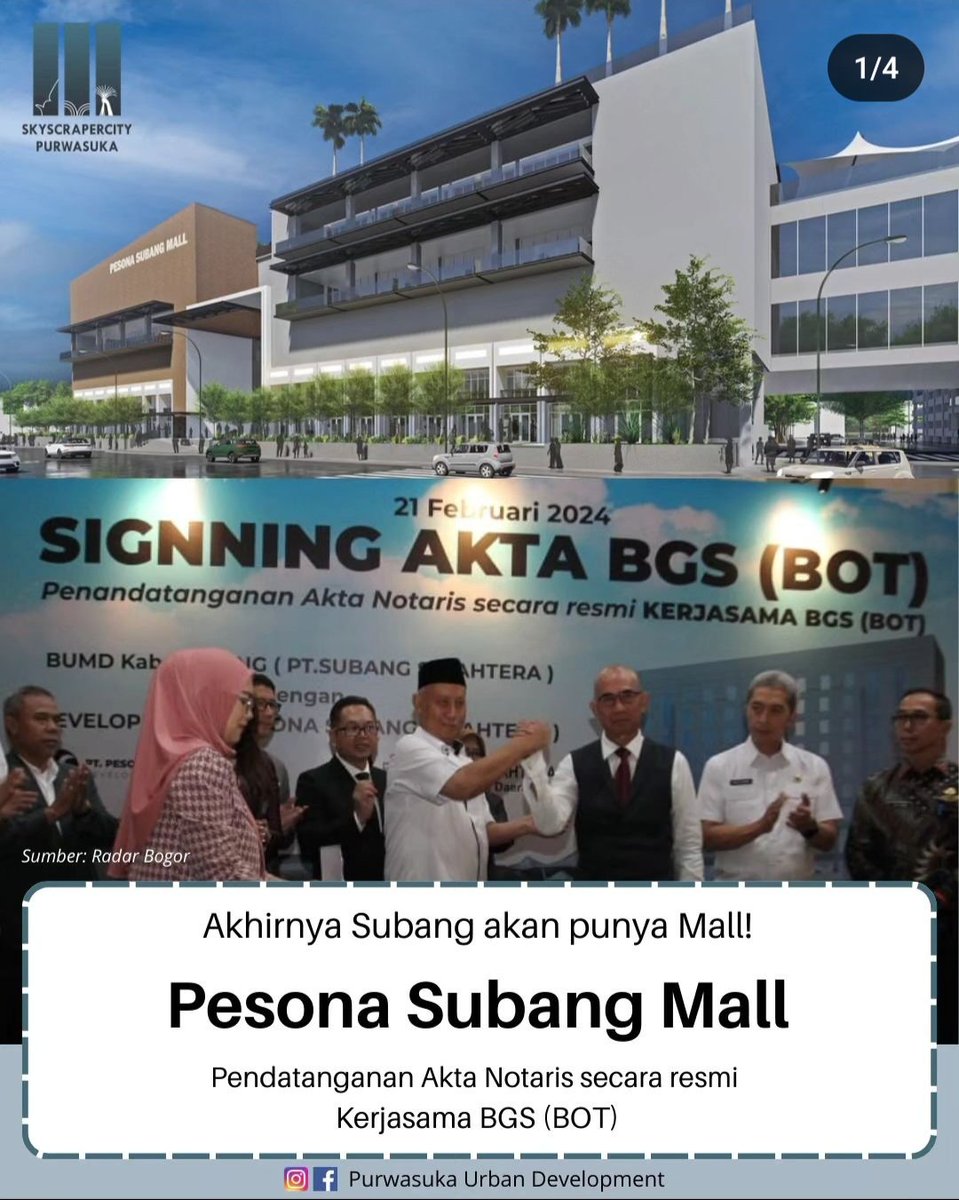 Twit_Subang's tweet photo. #infoSubang PT Subang Sejahtera BUMD Subang, bersama PT Pesona Subang Sejahtera resmi menandatangani, akta kerja sama bangun guna serah (BGS) pembangunan Pesona Subang Mall di Podium Function Space Lippo Plaza Ekalokasari, Bogor Timur.
Source : https://t.co/p6MdpUx0jU https://t.co/FgmousVdXX