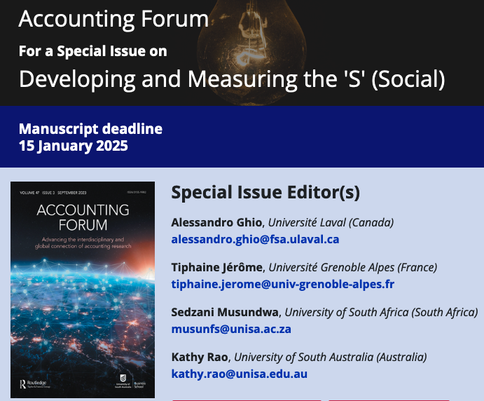 Special Issue on Developing and Measuring the 'S' (#Social) online workshop! Guest eds will present the topic & answer questions Workshop 1: Africa/Europe/America 29 April 2024 - 04:00pm Paris/ Johannesburg; 10am Eastern Time (USA/Canada) Registration: ulaval.zoom.us/meeting/regist…