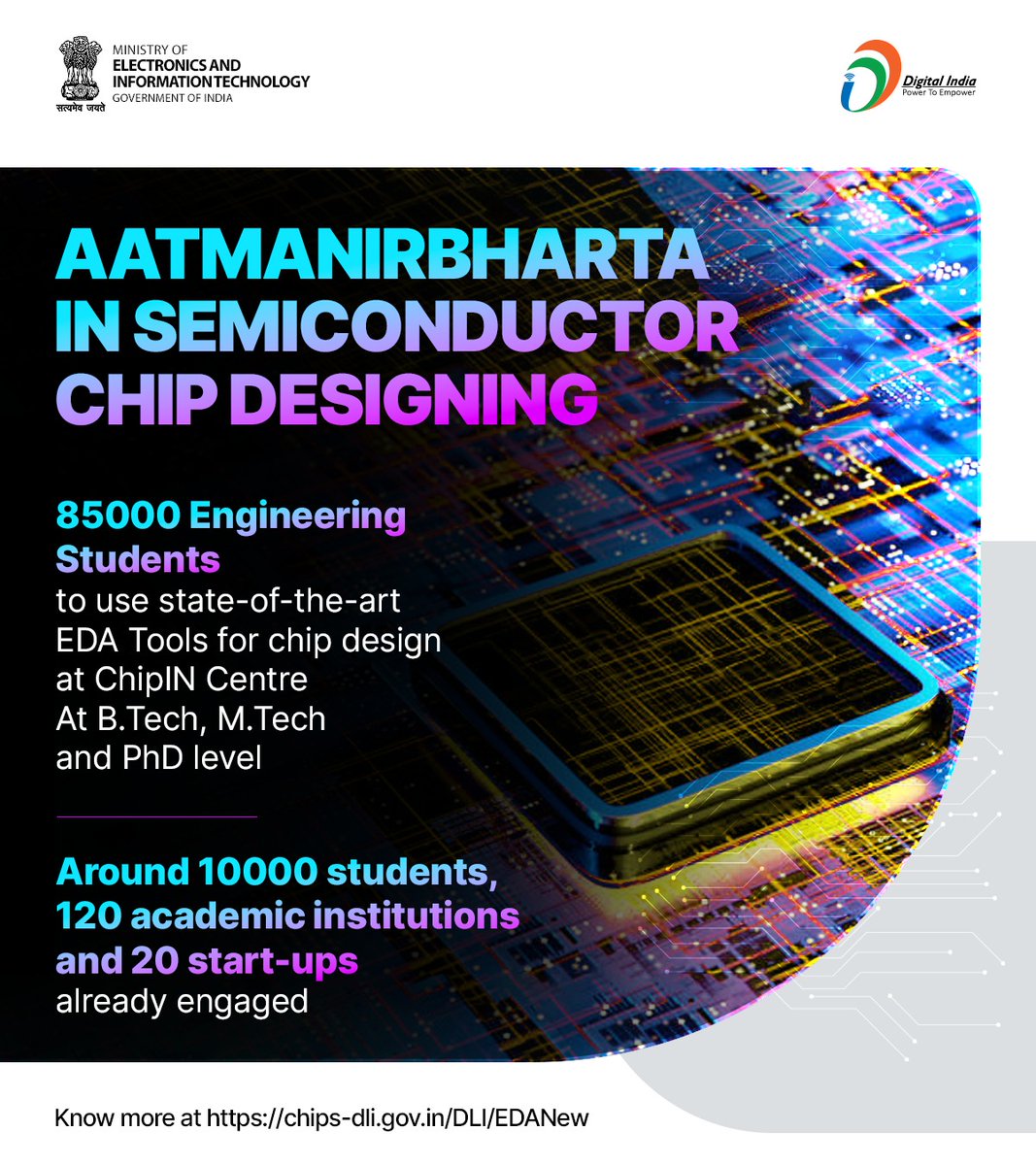 ChipIN - The one-stop centre for chip designers across the country!

Aims to bring the chip design infrastructure to the doorsteps of the semiconductor design community. 

#DigitalIndia #ViksitBharat #SemiconIndia #AtmanirbharBharat
#DigitalTransformation