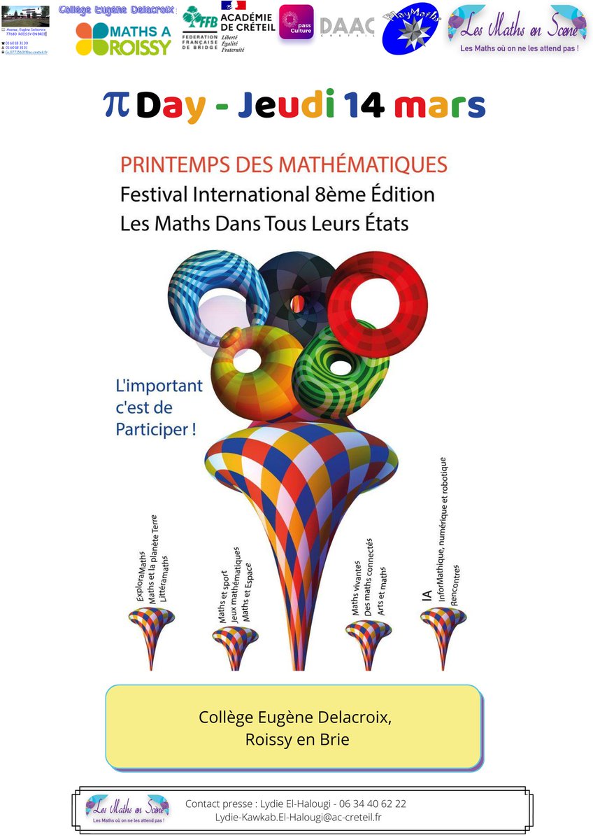 Mathalors's tweet photo. Festival #printempsdesmathématiques  
Journées des scolaires débutent avec la journée internationale des mathématiques inscrite à l'UNESCO @idm314  Les élèves @actoulouse @AcCreteil la fêteront  lors du festival @LesMathsEnScene 
Nous recevrons notre marraine Nalini Anantharaman https://t.co/sVT4dFv1VJ
