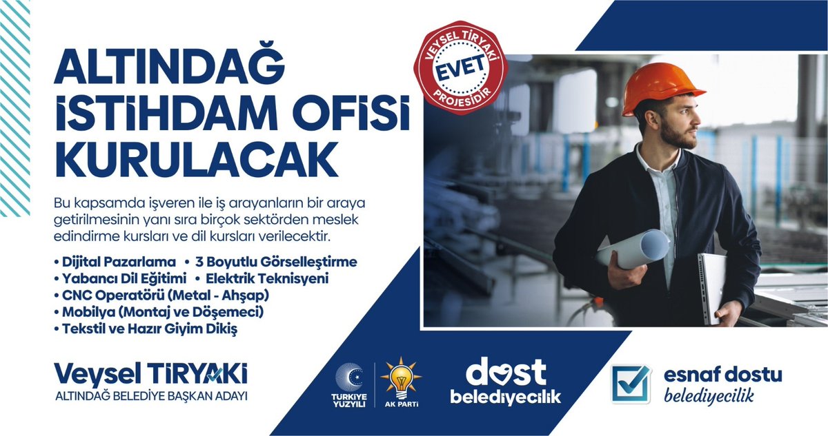 Altındağ için yeni dönemde planladığımız önemli projelerimizden biri de istihdama dönük. 

Kuracağımız İstihdam Ofisi ile iş arayanlara dost elimizi uzatacağız. 

Bölgemizde iş arayanlarla, eleman arayanlar arasında köprü olacağız. 

Firmaların aradığı özelliklere göre iş arayan