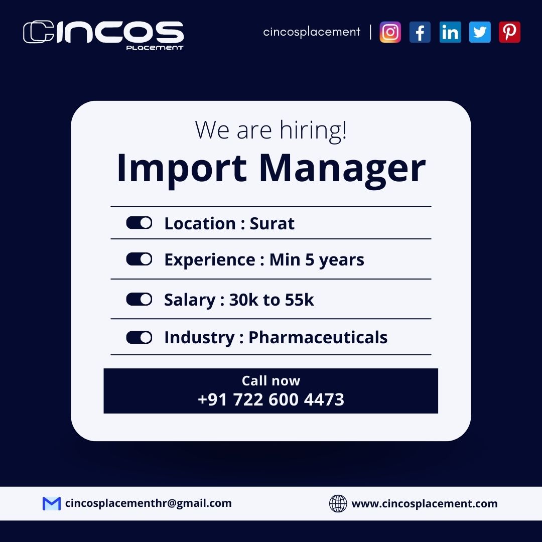 Exciting opportunity for an Import Manager! Join us with the best staffing management consultant in Surat.

Contact Us
Phone: +91 7226004473

#ImportManager #SuratJobs #LogisticsAce #JobVacancy #BestRecruitmentConsultancyInSurat #BestRecruitmentAgencyInSurat