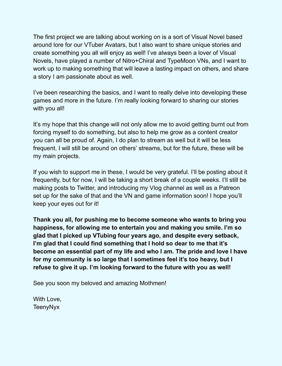 TeenyNyx's tweet photo. Regarding continued activities for live streaming, please have a look! Don't be scared by the white page with black text it's NOT me graduating!

#VtuberUprisings #Vtuber #VtuberSupport https://t.co/LiDD4bjeeb