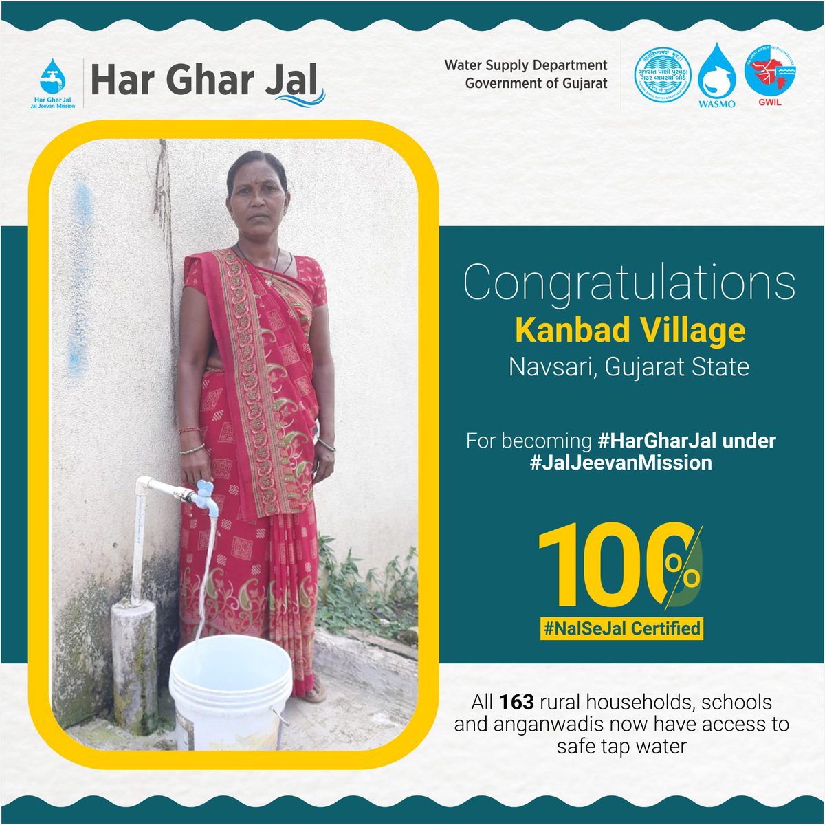 Congratulations to all the people of Kanbad Village of #Navsari, #Gujarat State, for becoming 100% #HarGharNalSeJal certified. All 163 rural households, schools and anganwadis are now getting safe tap water under #JalJeevanMission