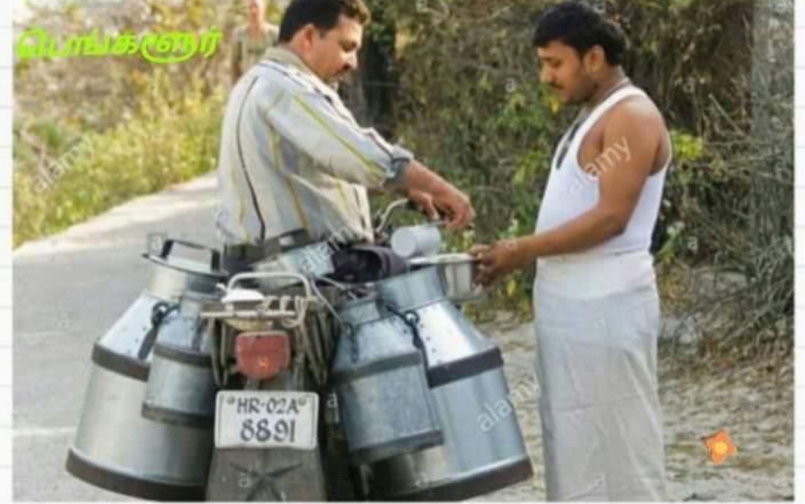 mgnayak5's tweet photo. Customer in Bangalore is asking "Why the milk is so thick?"

Milkman says "Water shortage Saar" https://t.co/yT9ubJZgKe
