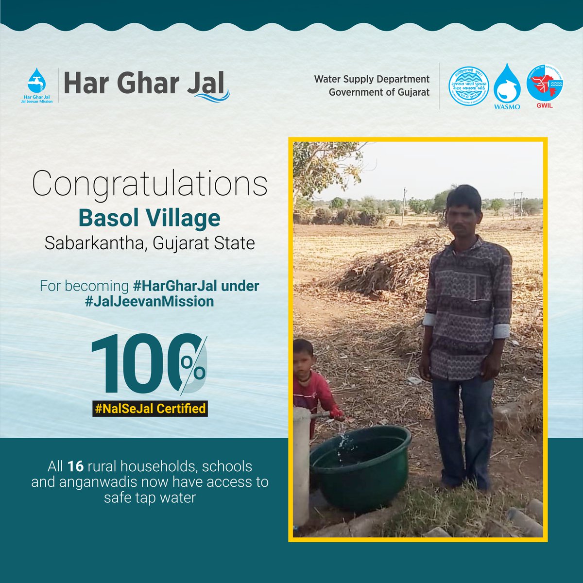 Congratulations to all the people of Basol Village of #Sabarkantha, #Gujarat State, for becoming 100% #HarGharNalSeJal certified. All 16 rural households, schools and anganwadis are now getting safe tap water under #JalJeevanMission