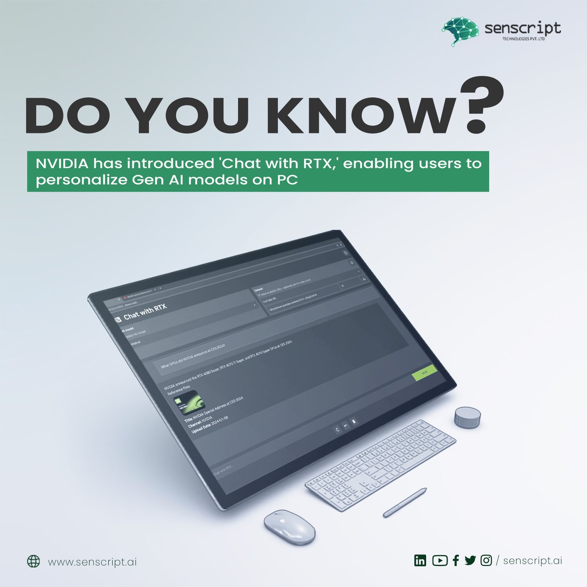 senscript's tweet photo. Have you not heard about ‘𝐂𝐡𝐚𝐭 𝐰𝐢𝐭𝐡 𝐑𝐓𝐗’ yet?

#chatwithrtx #nvidiageforce #nvidia #ai #technews #chatgpt #Senscript https://t.co/Bw1LTpOME1