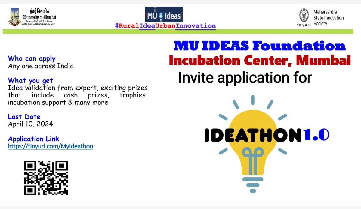 Calling Innovators for IDEATHON 1.0 by India's one of oldest and biggest University of Mumbai powered by MU IDEAS Foundation Incubation Centre. Get your idea validated by Industry expert and chance to win exciting prizes, trophies, Incubation support and many more…