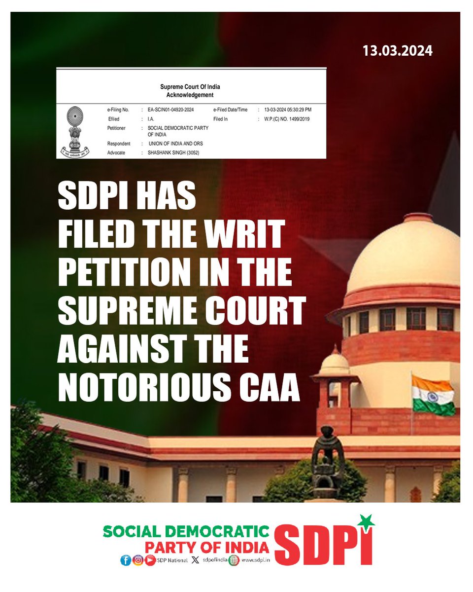 sdpofindia's tweet photo. SDPI has filed the writ petition in the supreme court against the notorious CAA
#CAA #RepealCAA #SDPI https://t.co/8vfLI2qtmx