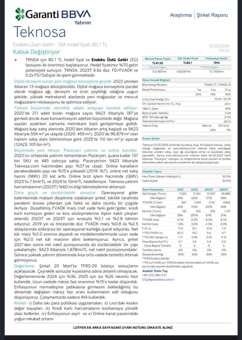 %70 getiri potansiyeli. “Teknosa Kabuk Değiştiriyor.” Garanti Yatırım, Teknosa için hedef fiyatını 80.10 TL olarak belirledi. #TKNSA