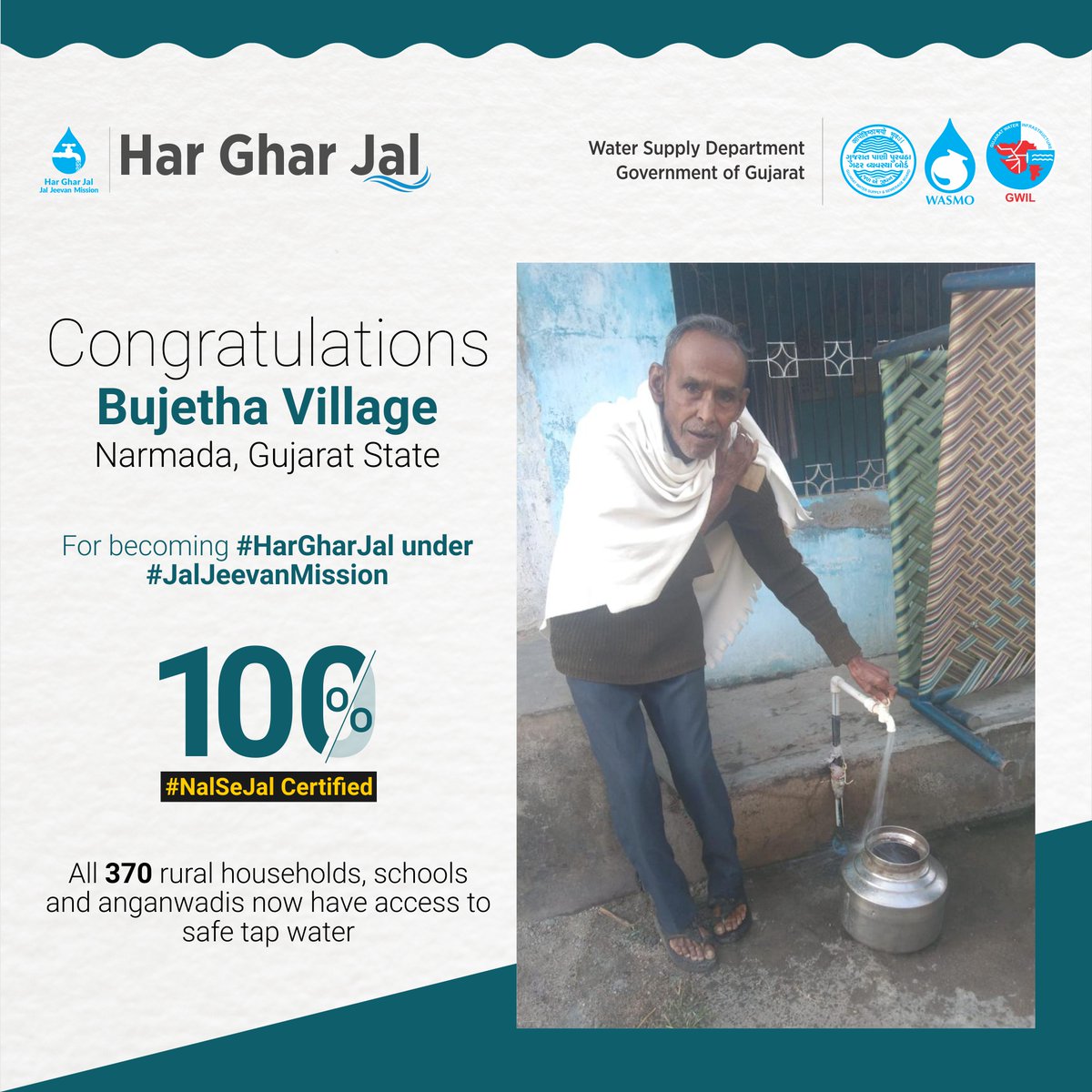 Congratulations to all the people of Bujetha Village of #Narmada, #Gujarat State, for becoming 100% #HarGharNalSeJal certified. All 370 rural households, schools and anganwadis are now getting safe tap water under #JalJeevanMission