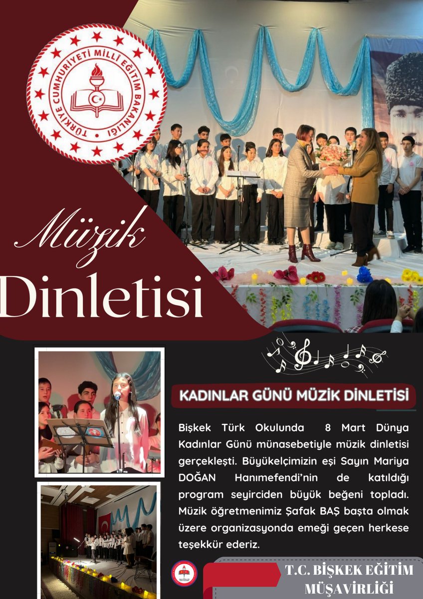 BiskekEM's tweet photo. KADINLAR GÜNÜNDE, DİLLERDE TÜRKİYE 🇹🇷🇰🇬

Bişkek Türk Okulunda 8 Mart Dünya Kadınlar Günü münasebetiyle Büyükelçimizin eşi Sayın Mariya DOĞAN Hanımefendi'nin de katıldığı bir müzik dinletisi gerçekleşti. Türkçe şarkıların seslendirildiği dinleti seyirciden tam not aldı.
@mebyyegm https://t.co/9MpvERwF4U