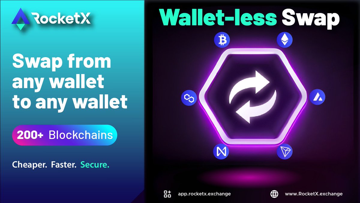 RocketXexchange's tweet photo. 🚀 RocketX's revolutionary "Wallet-less Swap" feature is set to launch in 2 weeks, offering unparalleled benefits:

🔒 Security: No wallet connections or transaction approvals are required. 
🔗 Compatibility: Trade with ANY wallet seamlessly
🌐 Interoperability: Unlocking access to a broader range of blockchains and tokens.

How it works: 
1️⃣ Select tokens. 
2️⃣ Send token A to RocketX's address. 
3️⃣ We'll execute the trade and send token B to ANY wallet address you choose on ANY blockchain.

Simplify your crypto trading experience with RocketX! $RVF #WalletlessSwap #CryptoInnovation 🌟🔄