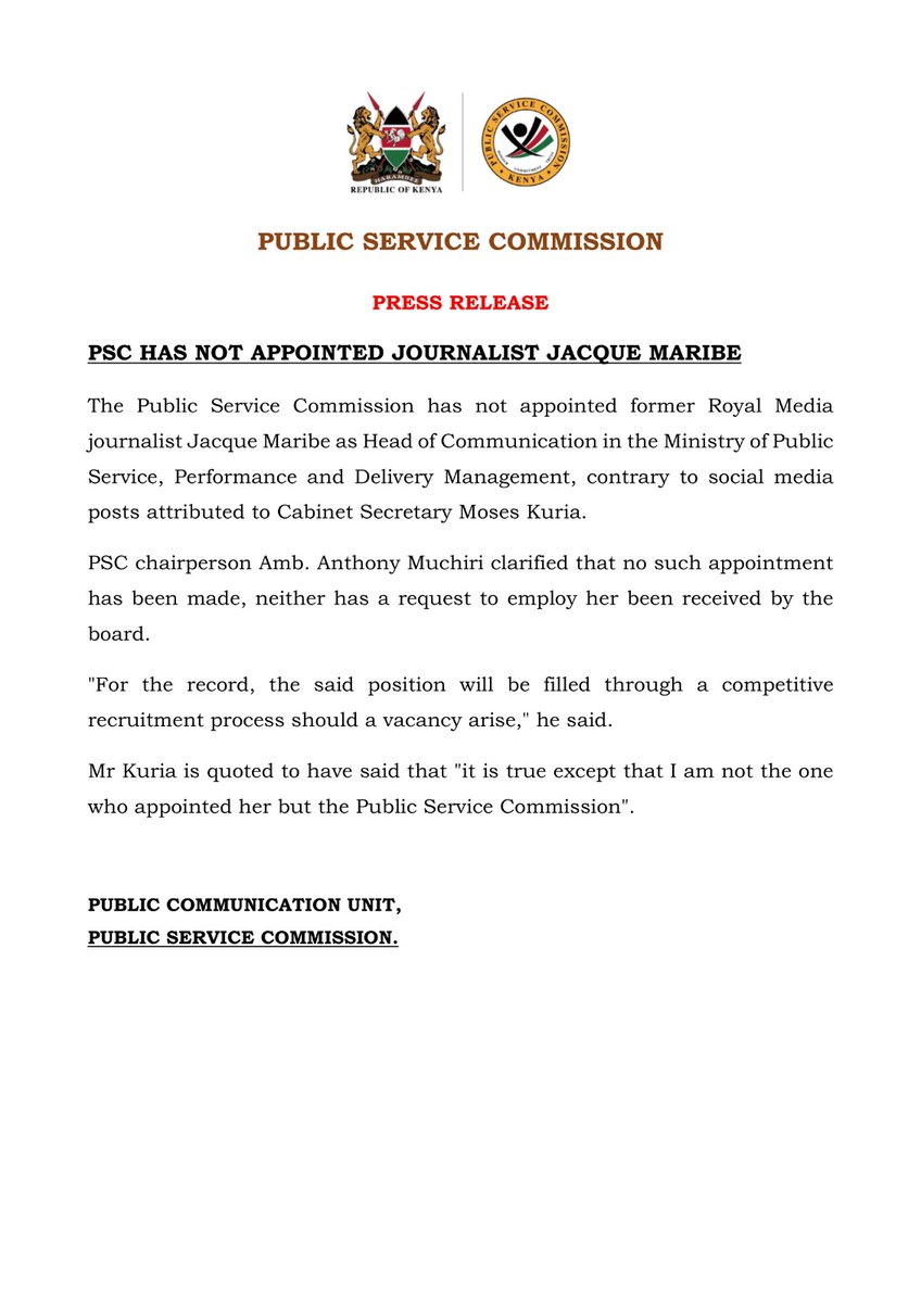 Public Service Commission says it has not appointed journalist Jacque Maribe as Head of Communication