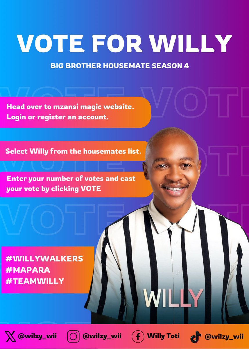 Wizly_wii's tweet photo. Last round of voting today!
Le sa fela moya Mapara cause lepara la rona ena ga fele moya.🤍 #BBMzansi
VOTE WILLY
#WillyWalkers
#TeamWilly
#Mapara https://t.co/zCjXzV8J6q