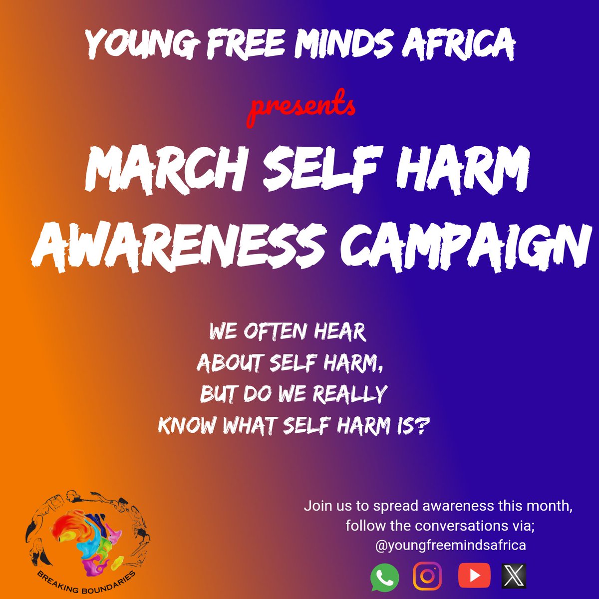 Young Free Minds Africa is back in sharing the task of spreading mental health awareness! This month we are focusing on self harm awareness, join us to soar deeper into this topic and help as many people who are suffering or could know someone who suffered from this!