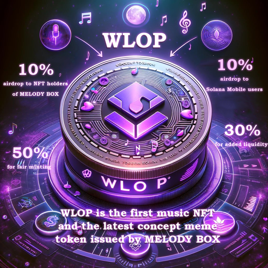 Solmbox's tweet photo. WLOP is the latest concept meme token issued by the first music NFT, MELODY BOX. 50% is used for fair minting, 30% is added to liquidity, 10% is airdropped to MELODY BOX NFT holders, and 10% is airdropped to Solana Mobile users.  #SOL #MEME  @Solana Mobile #WLOP https://t.co/LzkprGJ6Vv