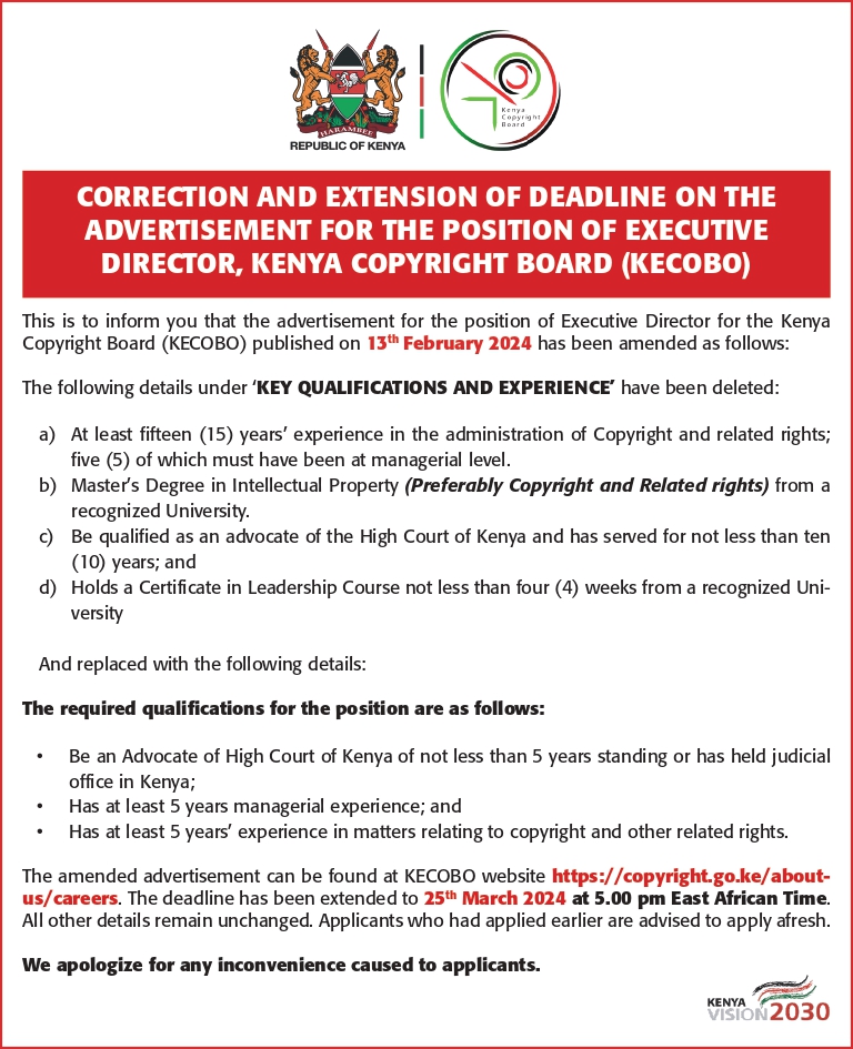 Job Advert!!  Executive Director vacancy announcement.
Click on the link below for more information.
copyright.go.ke/sites/default/…