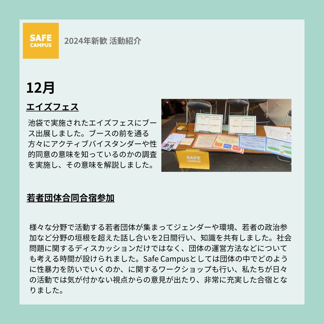 Safe_Campus_'s tweet photo. Safe Campusの活動を紹介します。

昨年度は性暴力対策WSがオンデマンド化、一般公開され、エイズフィスやウィメンズフォーラムへのブース出展など、学外での活動も多く行いました。

今年度もワークショップや勉強会など様々なかたちで活動していく予定です。

#春から大学生 #春から慶應 #春からsfc https://t.co/KeCLXhoDEB