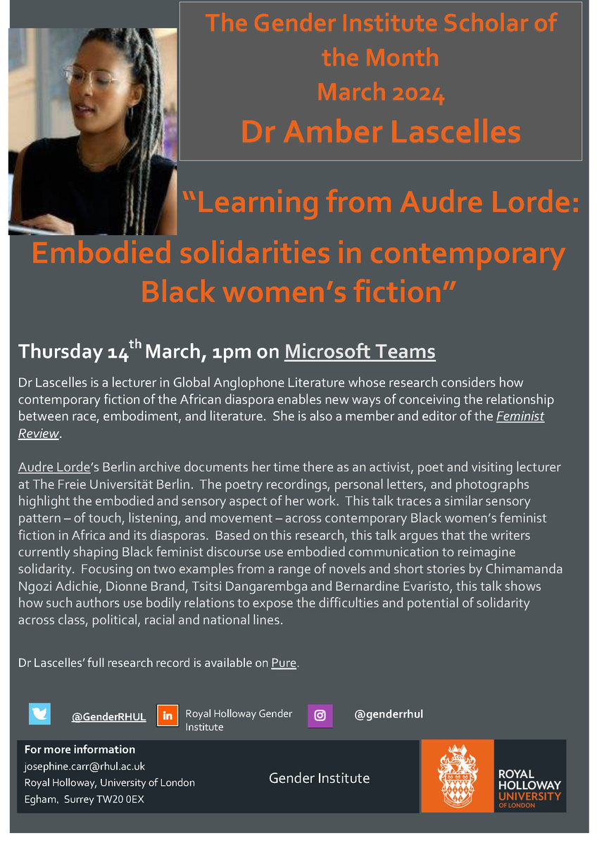 Don't forget to join us today at 1pm via Teams for Dr Amber Lascelles' session, 'Learning from Audre Lorde: Embodied solidarities in contemporary Black women's fiction' - everyone is most welcome.