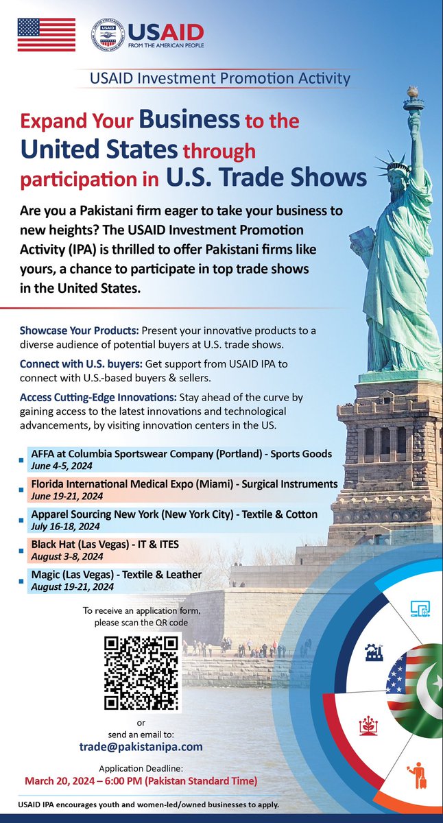 If you are a Pakistani firm eager to expand your business to the United States and would like to avail the opportunity to participate in leading trade shows in the U.S., do apply. Application Deadline: March 20, 2024.