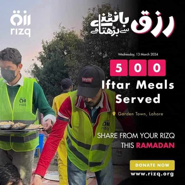 The second day of the Rizq Iftar-e-Aam has concluded successfully. With the combined efforts of all our Dastarkhwan teams, we served hundreds of people across our major cities. Donate Now: rizq.org/rizq-ramadan-a… #RizqRamadan2024 #IftaarEAam #RizqBaantnaySeBarhtaHai #SaveFood