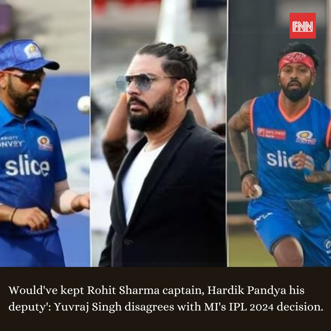 FNNNewsIndia's tweet photo. Yuvraj Singh talks Mumbai Indians' choice of Hardik Pandya as IPL 2024 captain, sparking controversy amid Rohit Sharma's replacement and wife Ritika Sajdeh's social media post.

#fnn #YuvrajSingh #MumbaiIndians #HardikPandya #IPL2024 #RohitSharma #CaptaincyControversy #Ritika https://t.co/SKiv3vxg3T