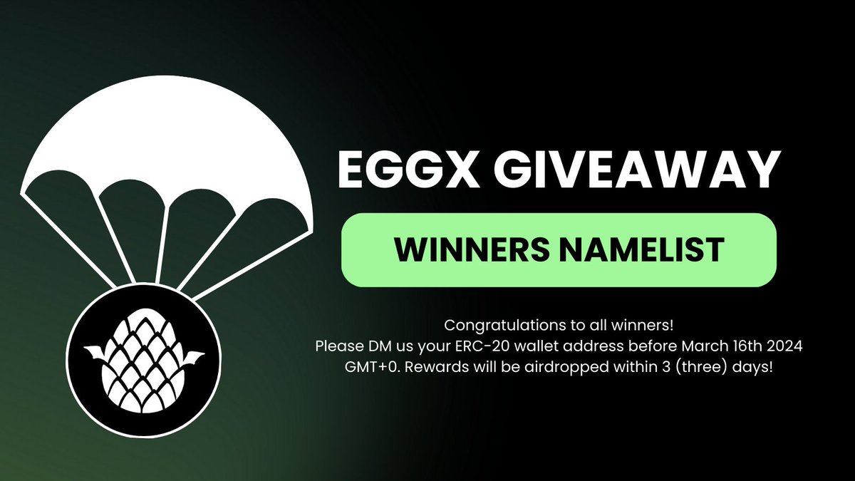 Congratulations to ten 10,000 EGGX Token Giveaway Winners 🏆 Please DM your ERC-20 wallet address before 16th March 00.00 GMT!

• <a href="/AntoineRSX/">Antoine Rousseaux</a>
• <a href="/cindencella/">hi</a>
• <a href="/xingbillionaire/">Xing Billionaire</a>  
• <a href="/OthmaneOuhamou1/">Fuelet.fuel | 🐉 $MON | 🔥🌙🔭🏺♦️🐙🔴 ❤️ Xally</a>
• <a href="/HaleyMo11132934/">全款拿下一瓶娃哈哈</a>
• <a href="/BTAce1231/">Bitcoin Ace</a> 
• @cryptosenpai001 
• <a href="/cabage19/">Starr</a> 
•