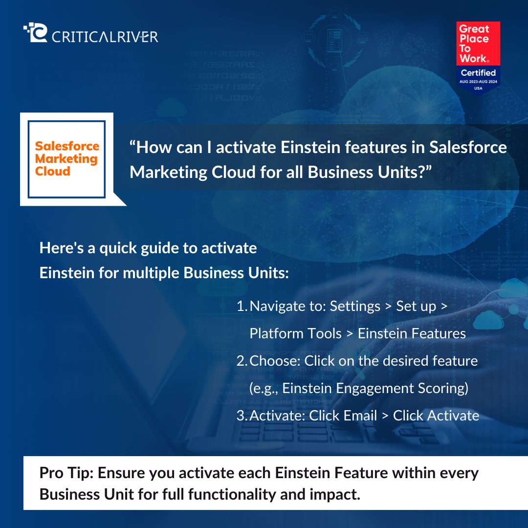 CriticalRiver's tweet image. Transform your marketing efforts with the smart capabilities of Einstein today!
@CriticalRiver #SalesforceMarketingCloud #EmailMarketingTips #DynamicContent #CriticalRiver #FollowTheRiver #salesforcetrailblazer #salesforcecommunity #MarketingAutomation #Einstein