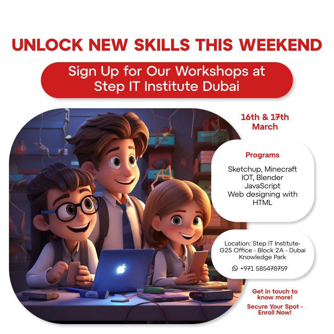 stepitinstitute's tweet photo. "🚀 Ready to level up your skills? Join us at Step IT Institute Dubai this weekend and unlock a whole new world of knowledge! From Sketchup to Minecraft, IOT to Blender &amp; more! 🎉 Don't miss out - reserve your spot now! 

#CodingForKids #RoboticsForKids #STEMForKids #DubaiKids https://t.co/bnomFcLsvU