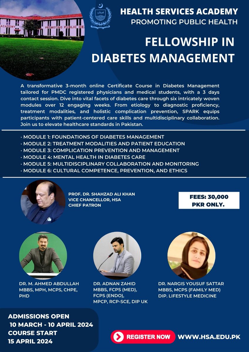 Join our 3-month Online Certificate Course in Diabetes Management! Designed for PMDC registered physicians and medical students. Enhance your skills today! Apply now: hsa.edu.pk/login?redirect… #HealthServicesAcademy #DiabetesManagement #MedicalEducation