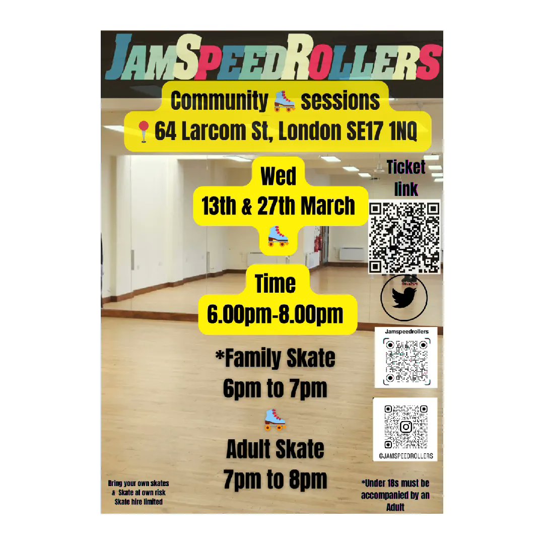jamSpeedRollers's tweet photo. Jamspeedrollers community skate session &amp; lessons @stjohnscentre Larcom Street off the Walworth Road SE17.

#community #skatedance  #southwark #sk8 #familyskate #speedskating #rollersport #jamspeedrollers #skatelessons https://t.co/qg7oFfP113