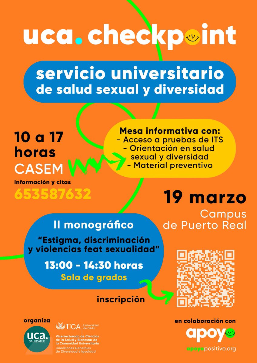UcaSaludable's tweet photo. 🚨Notición: estaremos en el 🐟 CASEM este martes 19 de marzo 🥳
👉 Mesa informativa y test rápidos de ITS (Hall)
👉 Charla a las 13h en Sala grados (2ªPlanta)
#saludsexual #UCAcheckpoint

@Apoyopositivo @univcadiz #ucadiversidad #ucaigualdad @unisaludables_ https://t.co/lyIP1RpbDW