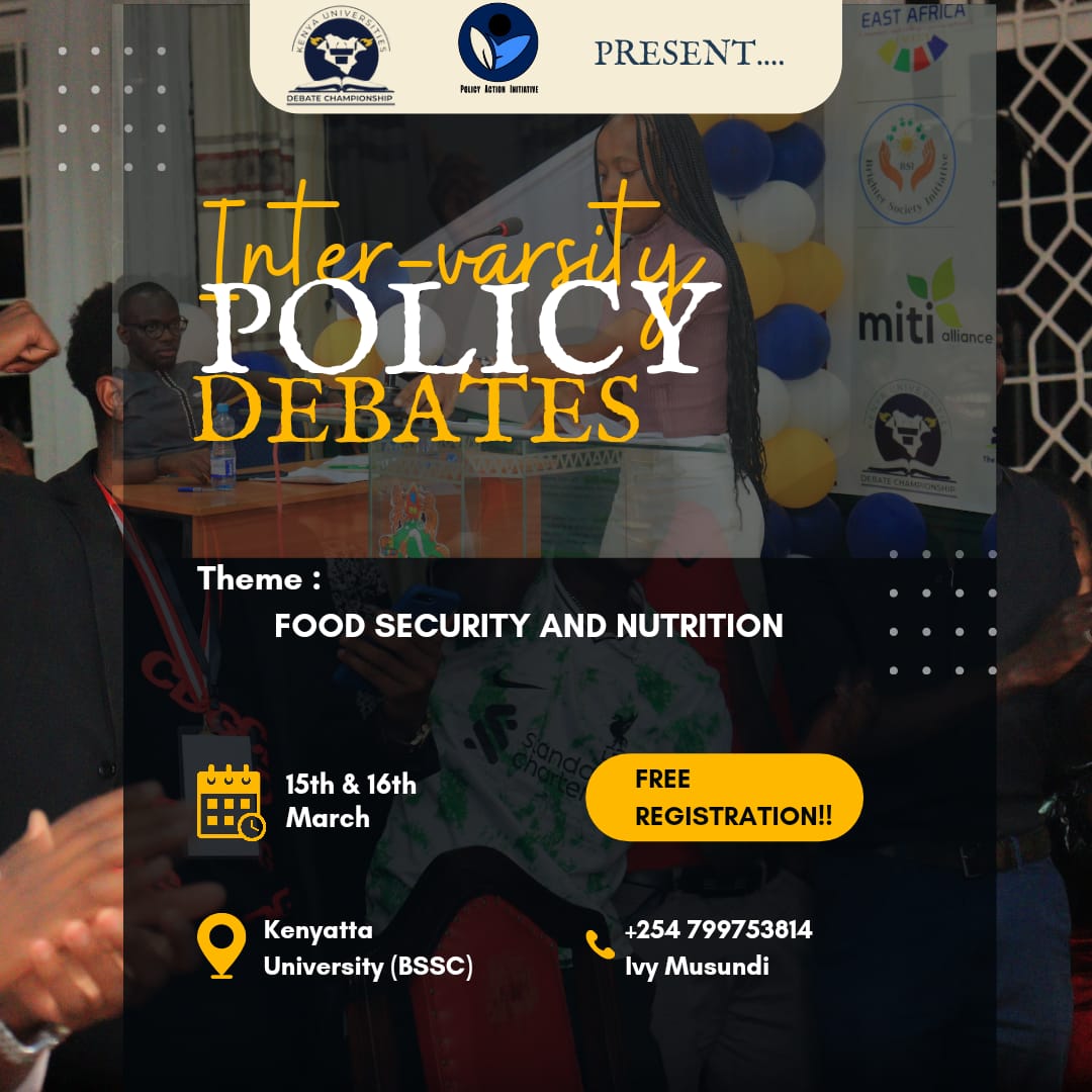 We're now counting hours until tomorrow's inaugural Inter-varsity Policy Debates on the theme of Food Security and Nutrition.

📍 Kenyatta University (BSSC)

<a href="/kenaff_farmers/">Kenya National Farmers' Federation (KENAFF)</a>
  
@msf_eastafrica
 
<a href="/policyguild/">Policy Action Initiative</a>

#LetsTalkFoodSecurity