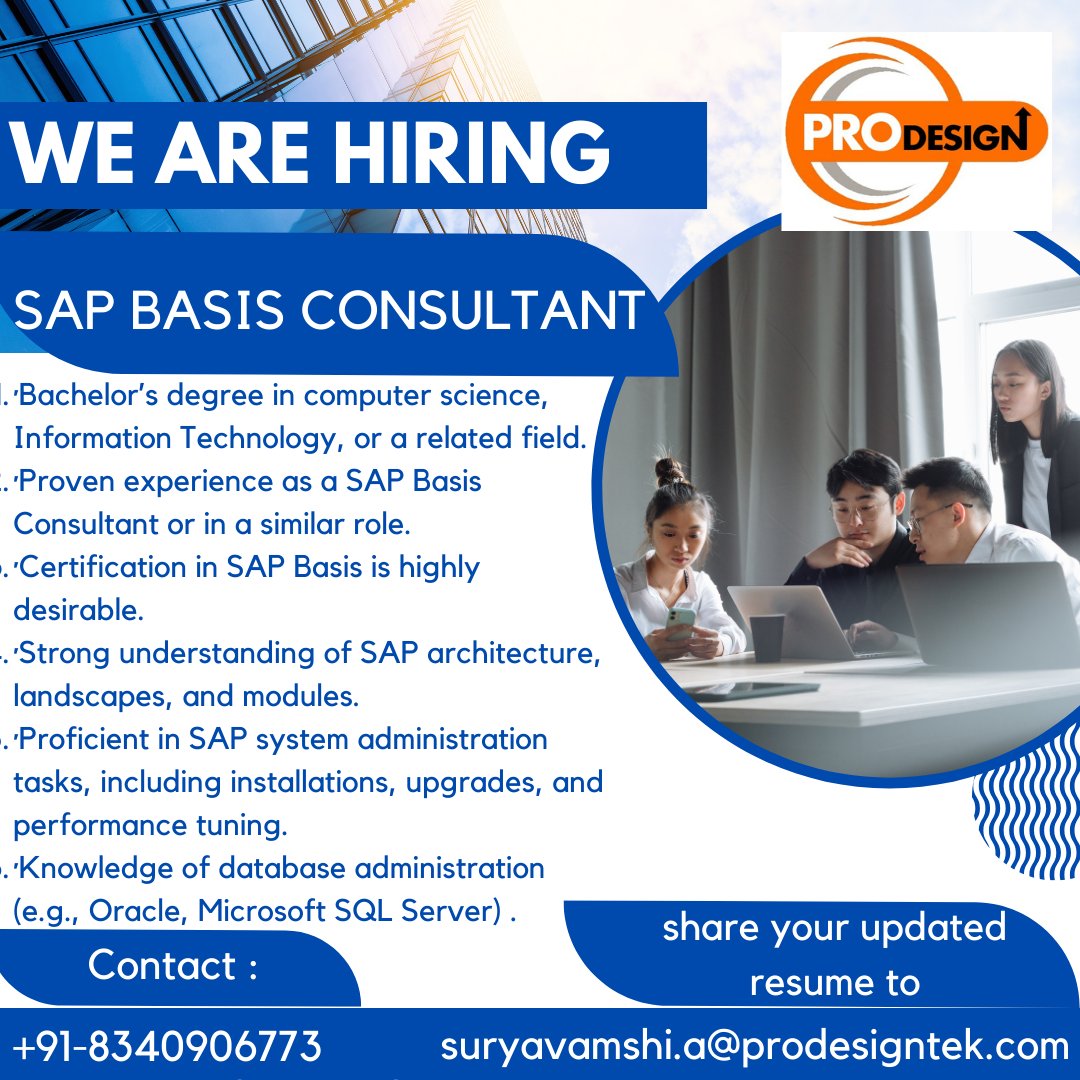pro_elearning's tweet photo. Hello,
Greetings from Prodesign Technologies!!
We have openings for the position of #SAP BASIS CONSULTANT #
Experience : 5+ years

Interested Candidates can Send resume to suryavamshi.a@prodesigntek.com
Contact 8340906773. https://t.co/hbcHdvuCN4