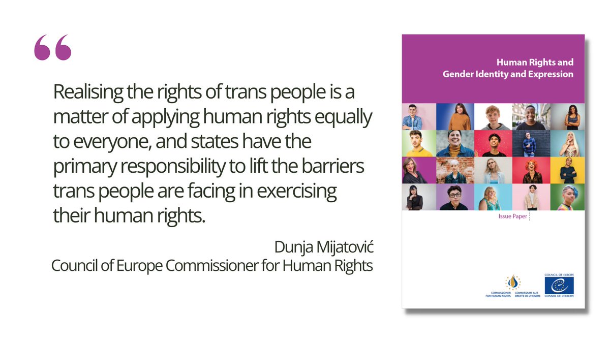 Increased visibility &amp; legal recognition of trans people contrast with experiences of discrimination &amp; violence in their lives.
My report sets out 15 recommendations for <a href="/coe/">Council of Europe</a> states to ensure that trans people enjoy their #HumanRights on an equal basis.
👉go.coe.int/RTmKF