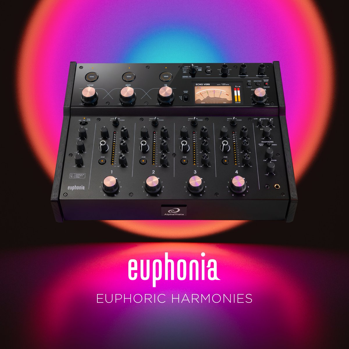 alphathetajpn's tweet photo. 本日発表「euphonia」🆕

音楽を奏でる喜びをさらに高めるプロフェッショナルロータリーミキサーです✨
特徴的な音質と操作性で、楽曲同士が溶け合うような極上のミックス体験が可能。

主な特長💡
✅ Rupert Neve Designs社と共同開発したトランス搭載
✅全ての音がひとつの音に溶け合うサウンドを実現
✅新感覚のロータリーフェーダー
✅極上の品質を誇るISOLATOR
✅直感的な操作ができるBOOST SEND搭載

詳しくはこちら👇
https://t.co/LKDbfHK3Ge

#AlphaTheta #euphonia